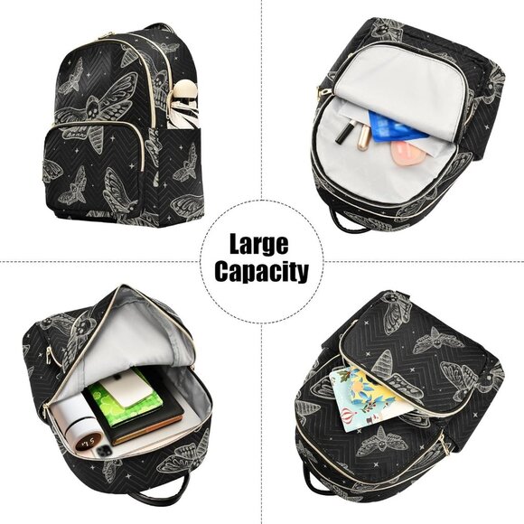 Black Gothic Skull Butterfly Moth Mini Backpack for Women, Water-Resistant Polye - Picture 6 of 7